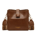 Brown leather square crossbody bag with wide jacquard strap and golden metal hardware - Khaki