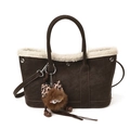 Retro brown suede tote bag with white fleece trim and cute leopard bow charm accessory - With Pendant / Coffee