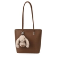 Borsa tote in pelle marrone a grana con elegante ciondolo a forma di coniglio - Con Ciondolo Coniglio di Peluche / Marrone