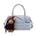 Light blue faux leather handbag with detachable strap and cute brown teddy bear charm - With Pendant / Blue