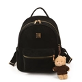 Minimalist black matte faux suede backpack with gold zippers and brown teddy bear charm - Black With Pendant