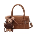 Dark brown faux suede handbag with contrast stitching and a cute teddy bear charm - With Pendant / Brown