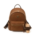 Minimalistischer brauner matter Rucksack mit goldenen Reißverschlüssen und Bärenanhänger - Mit Anhänger / Braun