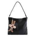 Large black minimalist PU leather tote bag with a cute plush bunny charm on the handle - With Pendant / Black
