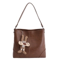 Dark brown faux leather large tote bag with cute cartoon bunny pendant accessory - With Pendant / Brown