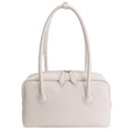 Cream soft leather Boston bag with long handles and dual zippers for stylish shoulder carry - White