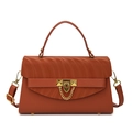 Brown structured tote bag with gold chain lock and adjustable shoulder strap on white base - 23*8*14cm / Brown