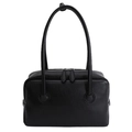 Minimalist black leather Boston handbag with textured finish and silver zippers - Black