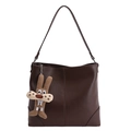 Large dark brown faux leather tote bag with vertical stitching and bunny charm accessory - With Pendant / Brown