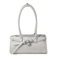 Minimalist light grey Boston bag featuring decorative double buckles and long handles - Blue