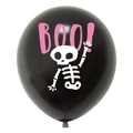 Detail of a black Halloween balloon featuring a pink BOO! text and white skeleton pattern - Black