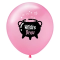 Close-up of pink latex balloon with black Witch's Brew pot and stars for Halloween - Pink