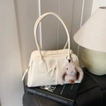 Creamy white Boston handbag with drawstring detail and a cute plush bunny charm - With Pendant / White
