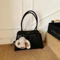 Minimalist black Boston handbag with leather texture and cute plush rabbit charm - With Pendant / Black