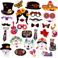 Day of the Dead photo booth props kit with colorful skull masks and Mexican party decor - Card, Bamboo Stick And Glue Dot Combination