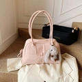 Pink Boston style faux leather handbag with cute bunny keychain and long handles - With Pendant / Pink