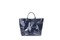 Dark blue glossy snake pattern tote bag featuring white text and double handles - Blue