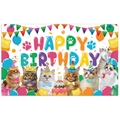 Detailed cat themed birthday backdrop with Happy Birthday text and colorful party balloons - 110*180cm