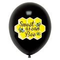 Detail of black party balloon with Sweet as can Bee text and cartoon bee pattern - 12 Inch / Black