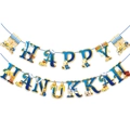 Blue and gold Happy Hanukkah banner featuring Menorah and Star of David festive symbols - Letter Banner