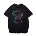 T-shirt nera oversize con farfalla colorata sfumata e scritta glitterata stile street - M / Nero