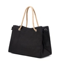 Black canvas tote bag with beige rope handles and large capacity in a sleek side view - Black