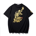 Losse zwarte katoenen T-shirt met grote gouden drakenprint en Chinese kalligrafie-elementen - M / Zwart