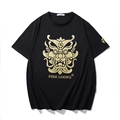 Lockeres Herren T-Shirt aus schwarzer Baumwolle mit goldenem Drachenmasken-Aufdruck - M / Drachendruck (T6247 Schwarz)