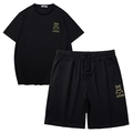 Men's black cotton t-shirt and shorts set featuring yellow bear graphic print - Top and Shorts