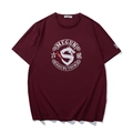 Dark red cotton T-shirt with white circular dragon print and Chinese character detail - Wine Red