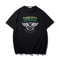 Loose black cotton T-shirt featuring a colorful gradient logo and graphic sailor print - M / Black