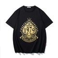 Lockeres schwarzes Baumwoll-T-Shirt mit goldenem Pik-Print im Vintage-Stil und Rundhals - M / Pik-Druck (T6248 Schwarz)