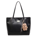 Bolso tote vintage de cuero sintético negro con logo dorado y colgante de perro suave - Con Colgante / Negro