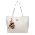 Elegante bolso tote crema de cuero con un lindo colgante de perro de peluche marrón - Con Colgante / Blanco Roto