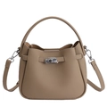 Khaki Eimer-Handtasche aus Leder mit Lychee-Maserung und Metall-Drehverschluss - Grau