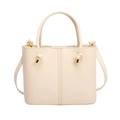 Beige bucket bag with double handles and shoulder strap featuring gold hardware - White