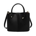 Classic black matte leather bucket bag with gold hardware and top handle design - Black