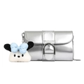 Silver metallic crossbody bag with chain strap and D-shaped buckle on white background - With Pendant / Silver