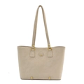 Sac fourre-tout chic en cuir beige texturé avec détails dorés et longues bandoulières - Blanc Cassé