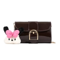 Glossy dark brown patent leather mini handbag with gold horsebit and plush charm - With Pendant / Brown