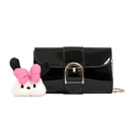 Black patent leather mini shoulder bag with gold D-buckle and plush doll charm - With Pendant / Black