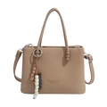 Minimalist beige pleated faux leather tote bag with round handles and wooden bead charm - Khaki
