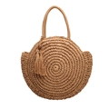 Circular straw handbag with spiral woven texture and matching tassel in natural brown - Khaki