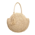 Beige round straw handbag with spiral weave texture and decorative tassel accent - Off White