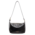 Minimalist large black leather tote bag with wide strap and gold zipper details - Black