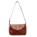 Caramel brown leather crossbody tote bag with wide strap and golden lettering - Brown