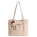 Sac fourre-tout beige en similicuir avec un porte-clés ours et une boucle argentée chic - Avec Pendentif / Blanc Cassé