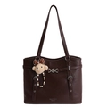 Grand sac cabas en cuir PU marron foncé avec breloque ours et boucle en cœur - Avec Pendentif / café