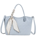 Light blue quilted leather handbag with wavy edge and decorative scarf on handle - Gray