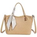 Quilted khaki crossbody handbag with decorative silk scarf on handle and shoulder strap - Khaki